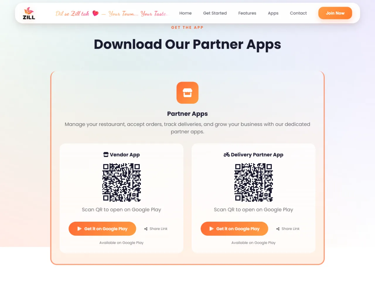 The Zill partner apps section, offering the vendor app and the delivery partner app on Google Play with a QR code for each.