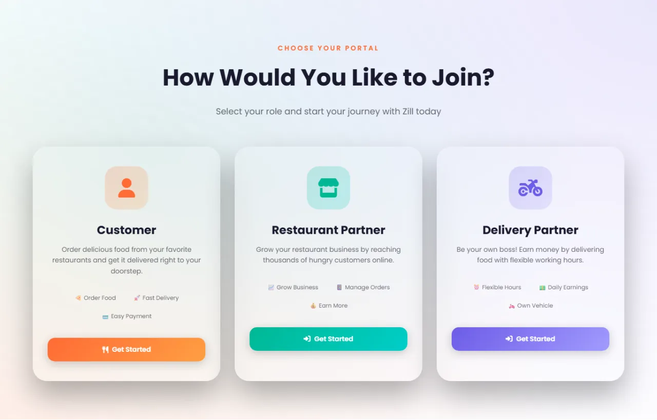 The Zill website asking the visitor to choose how they want to join — as a customer, a restaurant partner or a delivery partner.